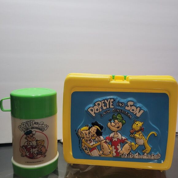 Vtg Popeye And Son A New Generation Yellow Plastic Lunch Box With Thermos - Picture 2 of 7